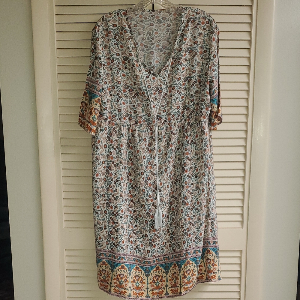 SHEIN White Floral Midi Dress with Teal and Rust Border
